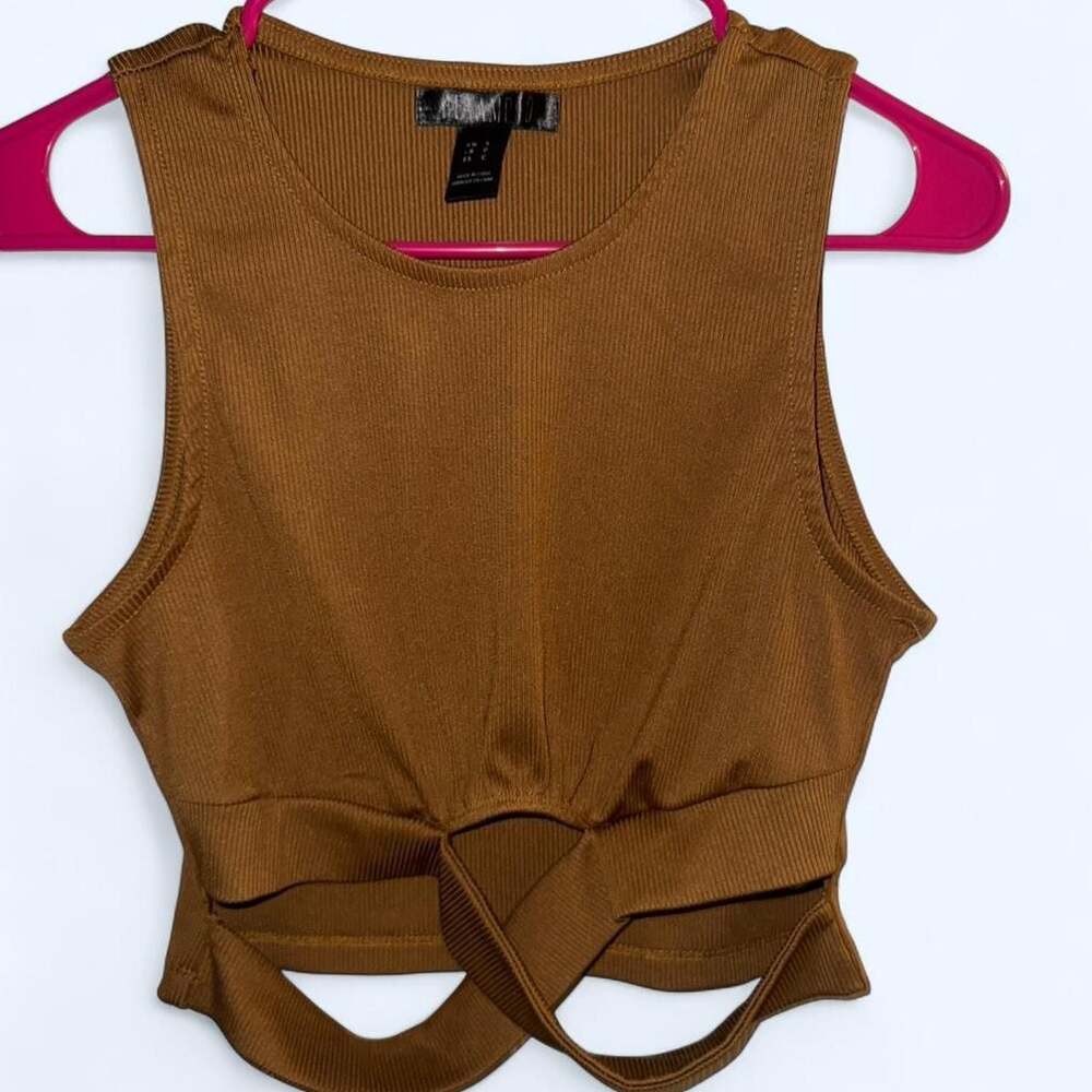 Revamped Brown Ribbed Knit Cutout Crop Top